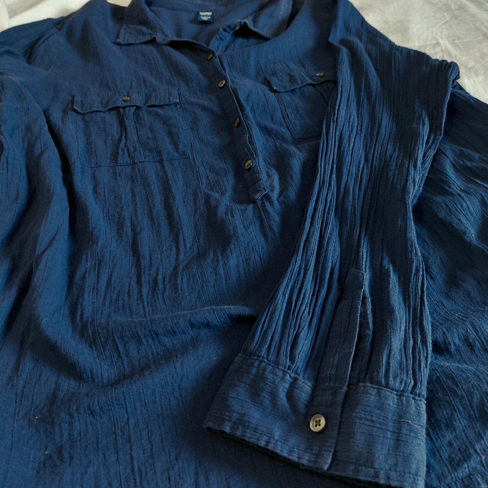 Old Navy Cotton Half Button Down Shirt Navy Blue W/Pockets Long Sleeve Size XL - Picture 7 of 7